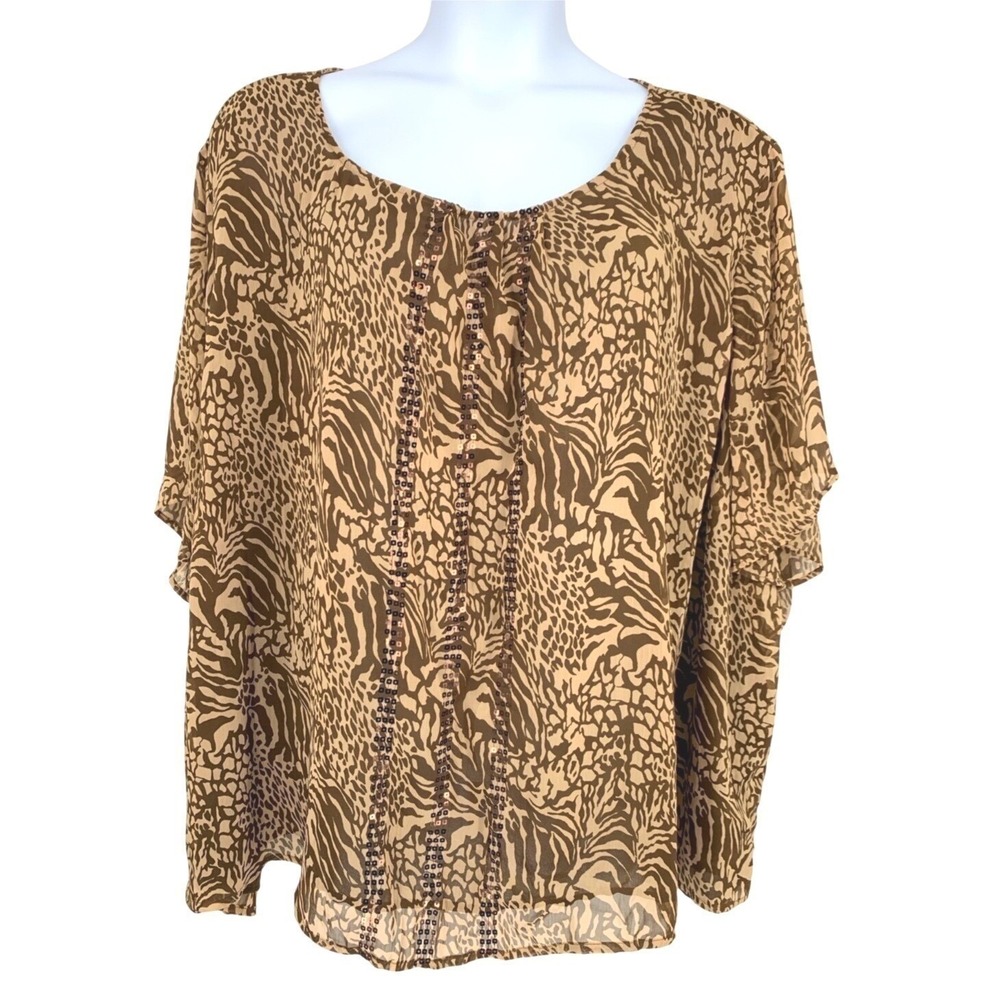 Moonlight Bay 5X Brown Animal Print Sheer Blouse Sequin Boho Top